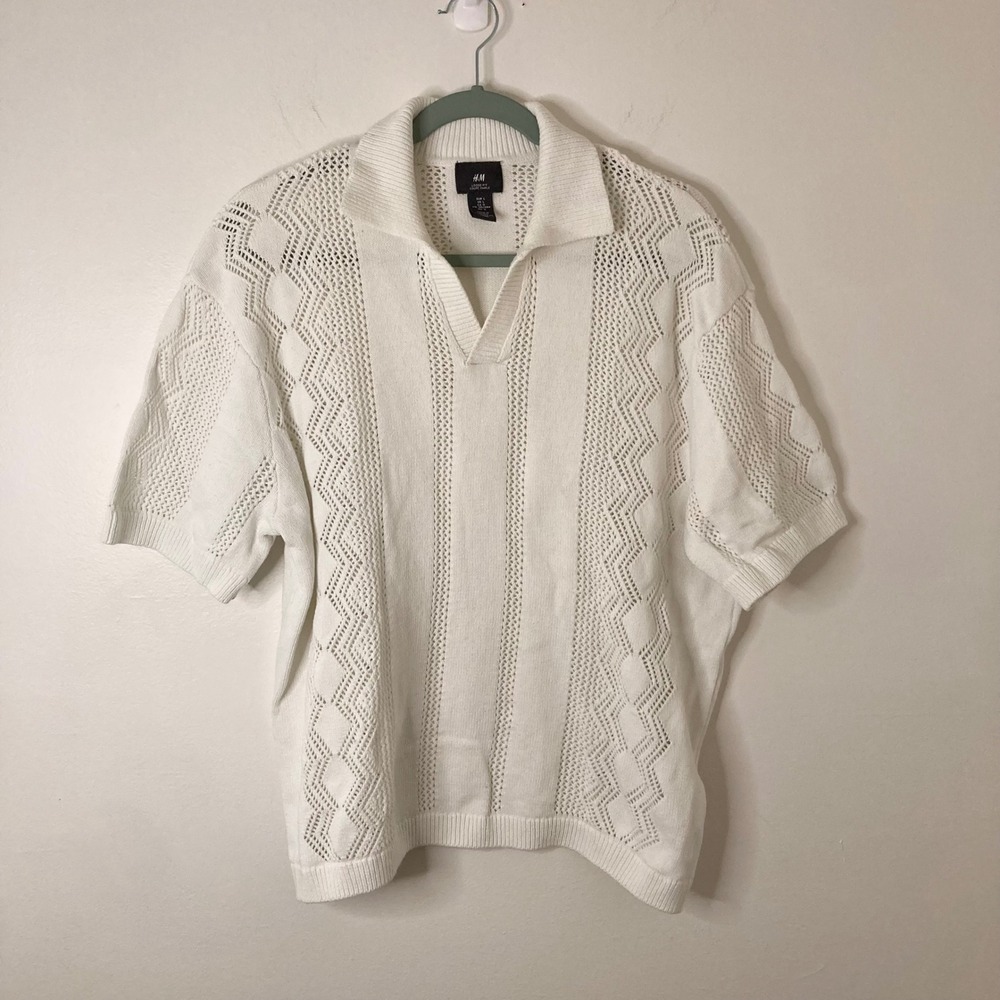 White Crochet Knit Polo Shirt L 100% Cotton Pointelle Diamond H&M Boho Retro